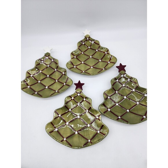 4 POTTERY BARN Appetizer Candy Plates Season's Greetings Christmas Tree Holiday - Picture 1 of 8